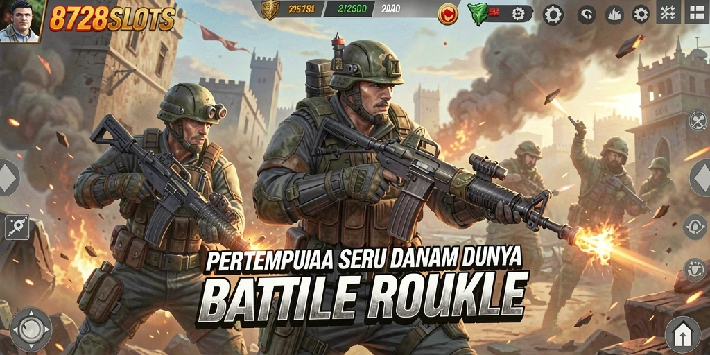 Screenshot utama 8728SLOTS menampilkan aksi pertempuran intens.