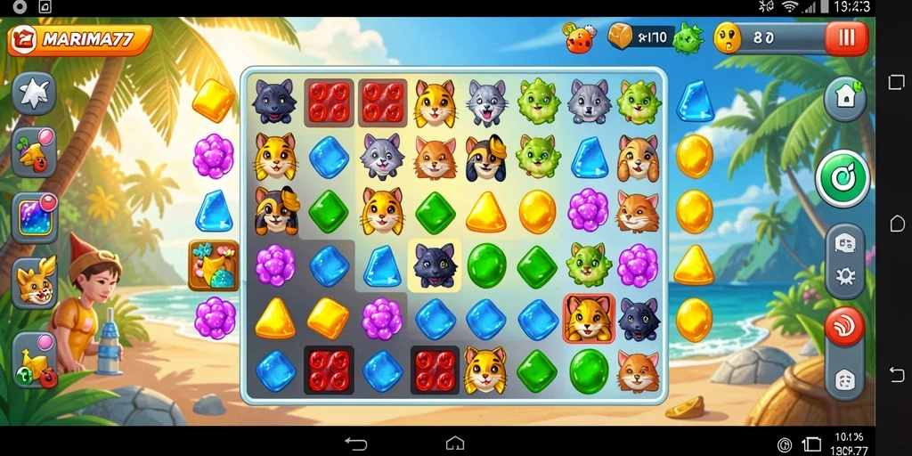 Screenshot gameplay MARIMA77 menampilkan keseruan mencocokkan blok warna-warni.