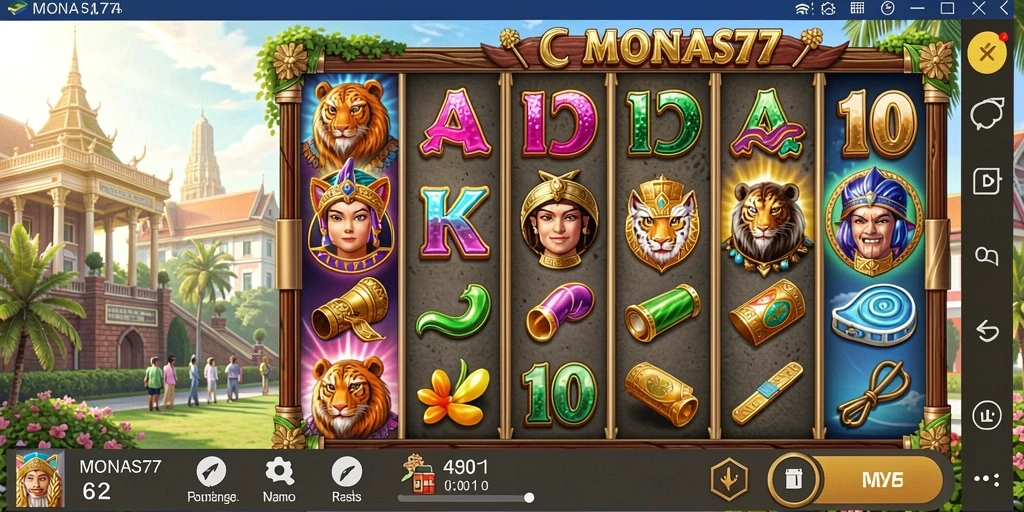 Tangkapan layar gameplay MONAS77 yang menampilkan simbol slot dan gulungan.