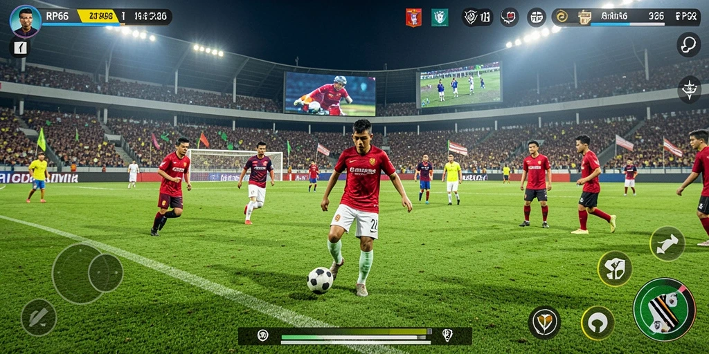 Screenshot gameplay RP66 menunjukkan pertandingan sepak bola yang intens.